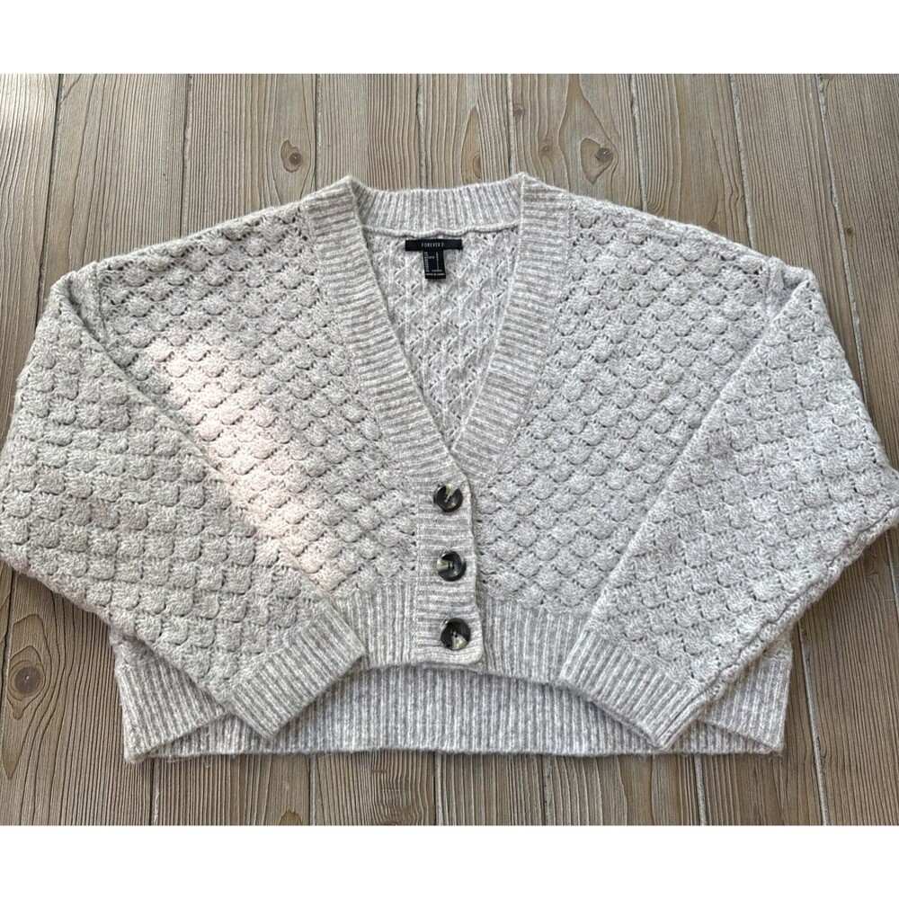 Forever 21 Beige Open Knit Cropped Cardigan Button Front Size Large